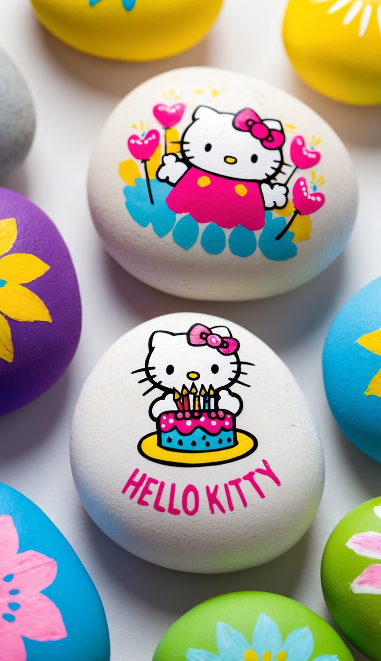 Hello Kitty holding a birthday cake, surrounded by colorful painted rocks