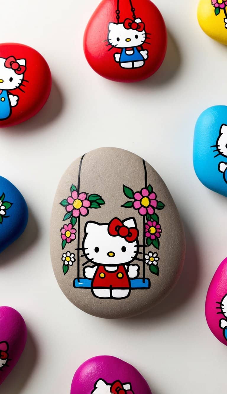 Hello Kitty swings on a floral-adorned swing, surrounded by colorful rocks painted with her iconic image