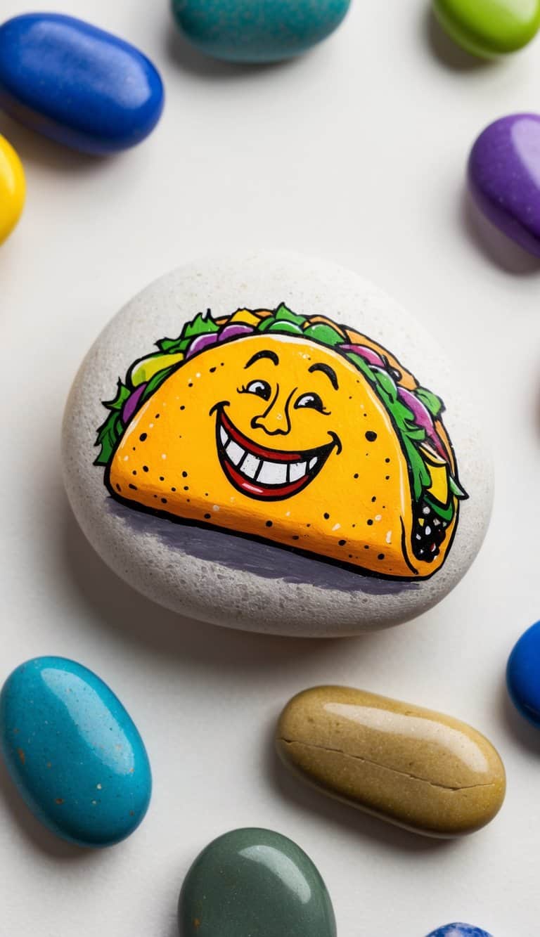 A rock painted as a laughing taco, surrounded by colorful pebbles and a vibrant background