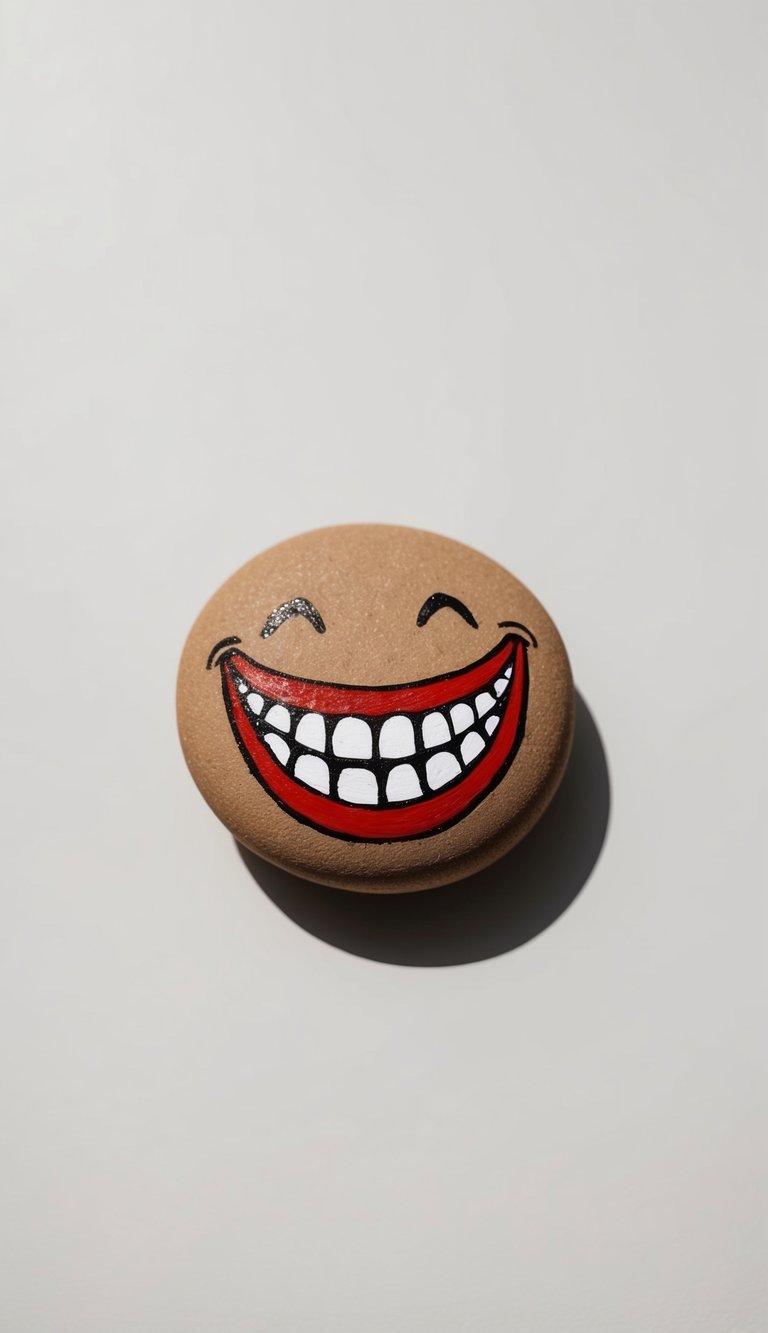 A round rock with a wide, toothy grin, painted to resemble a laughing cookie