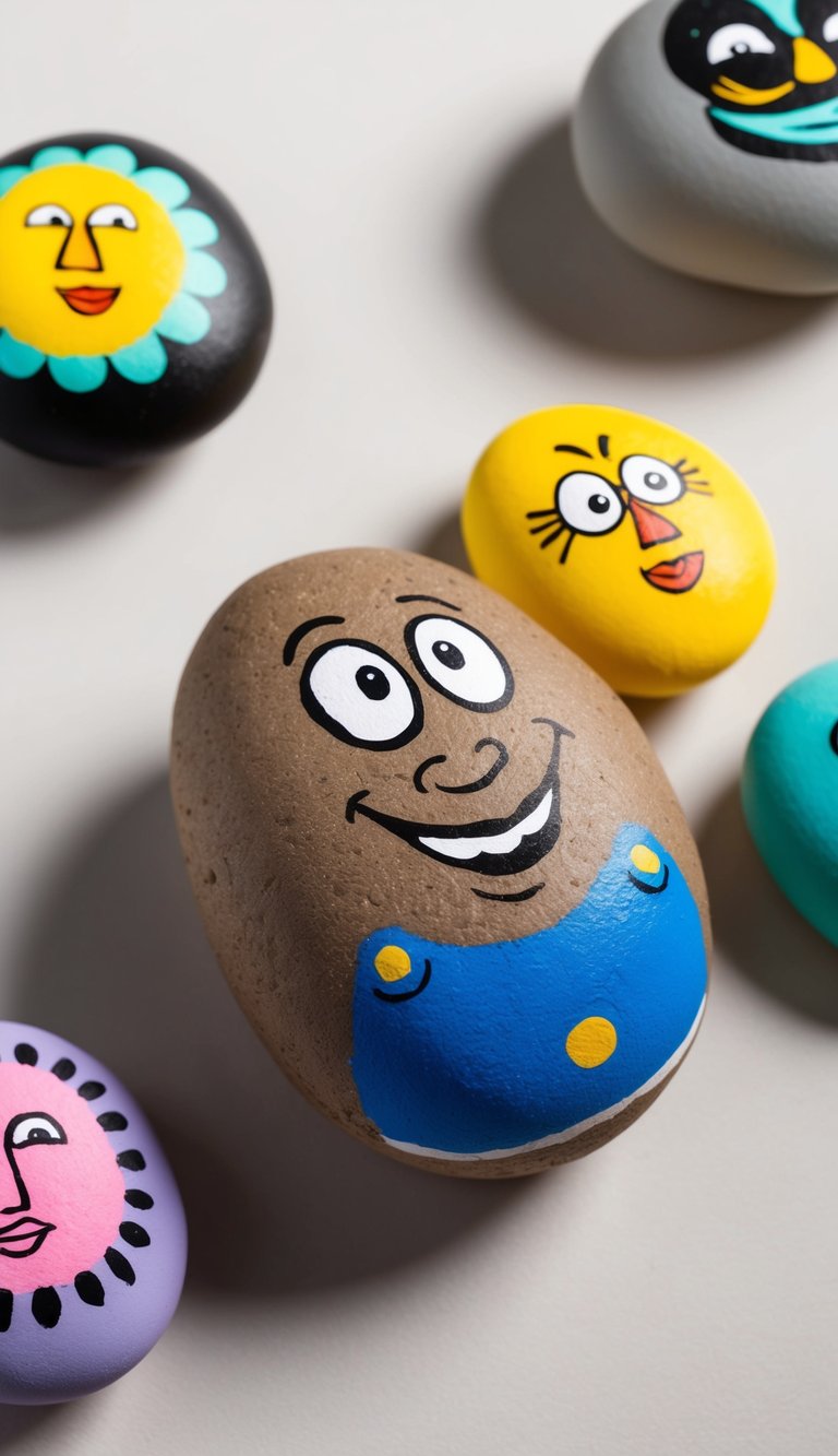 A potato-shaped rock with a comical face, surrounded by other painted rocks