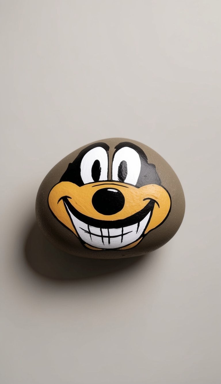 A rock painted to resemble a famous cartoon character's grin, with exaggerated features and a mischievous expression