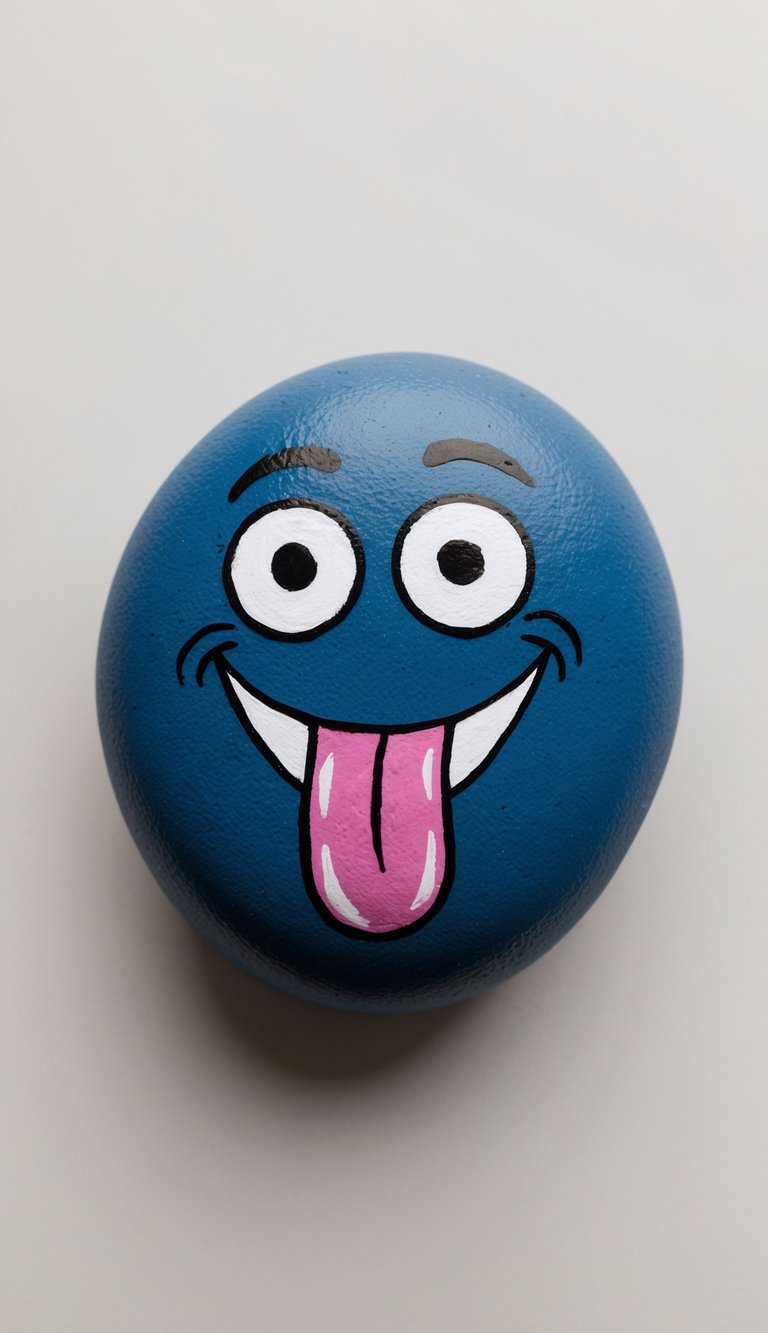 A rock with a tongue sticking out, eyes crossed, and a goofy smile