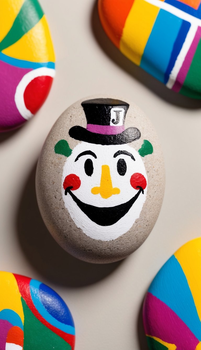 A rock with a joker smile and card hat, surrounded by colorful, whimsical designs