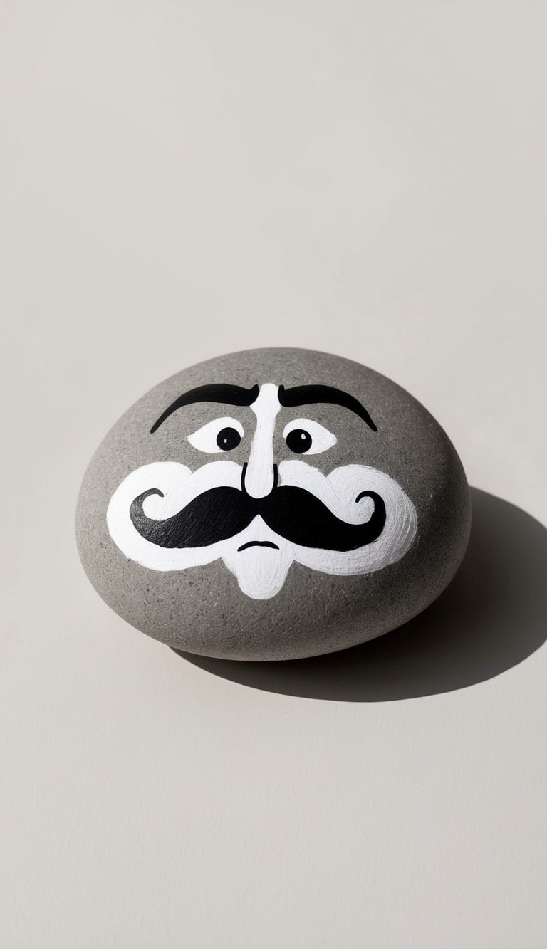A rock with a comically large unibrow and mustache, giving it a humorous and whimsical appearance