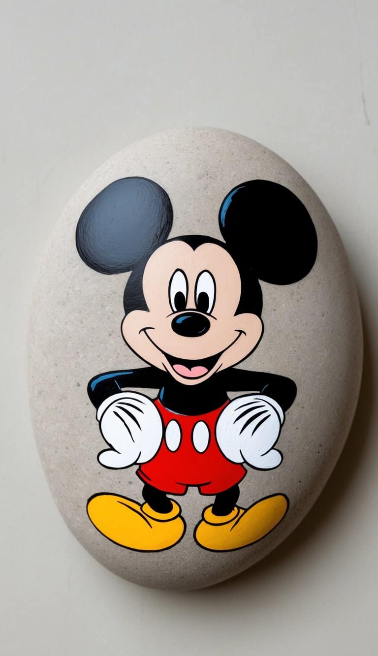 A single painted rock featuring a detailed classic Mickey Mouse face on a smooth surface against a plain background.