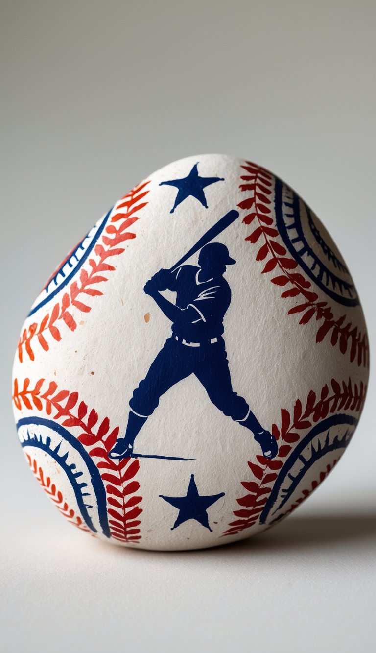 A single smooth river rock painted with a silhouette of a baseball player, isolated on a plain background.