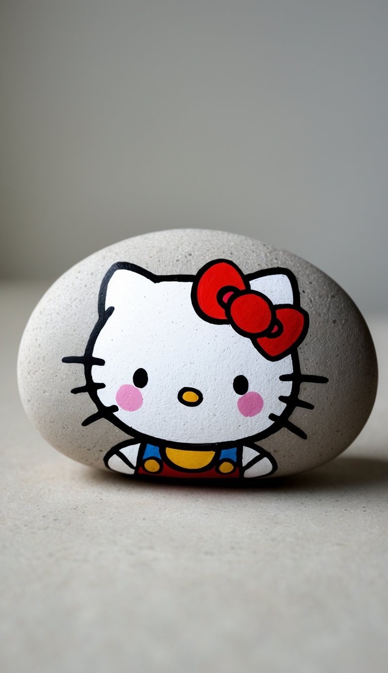 A single painted rock featuring Hello Kitty with a bow, photographed on a neutral background.