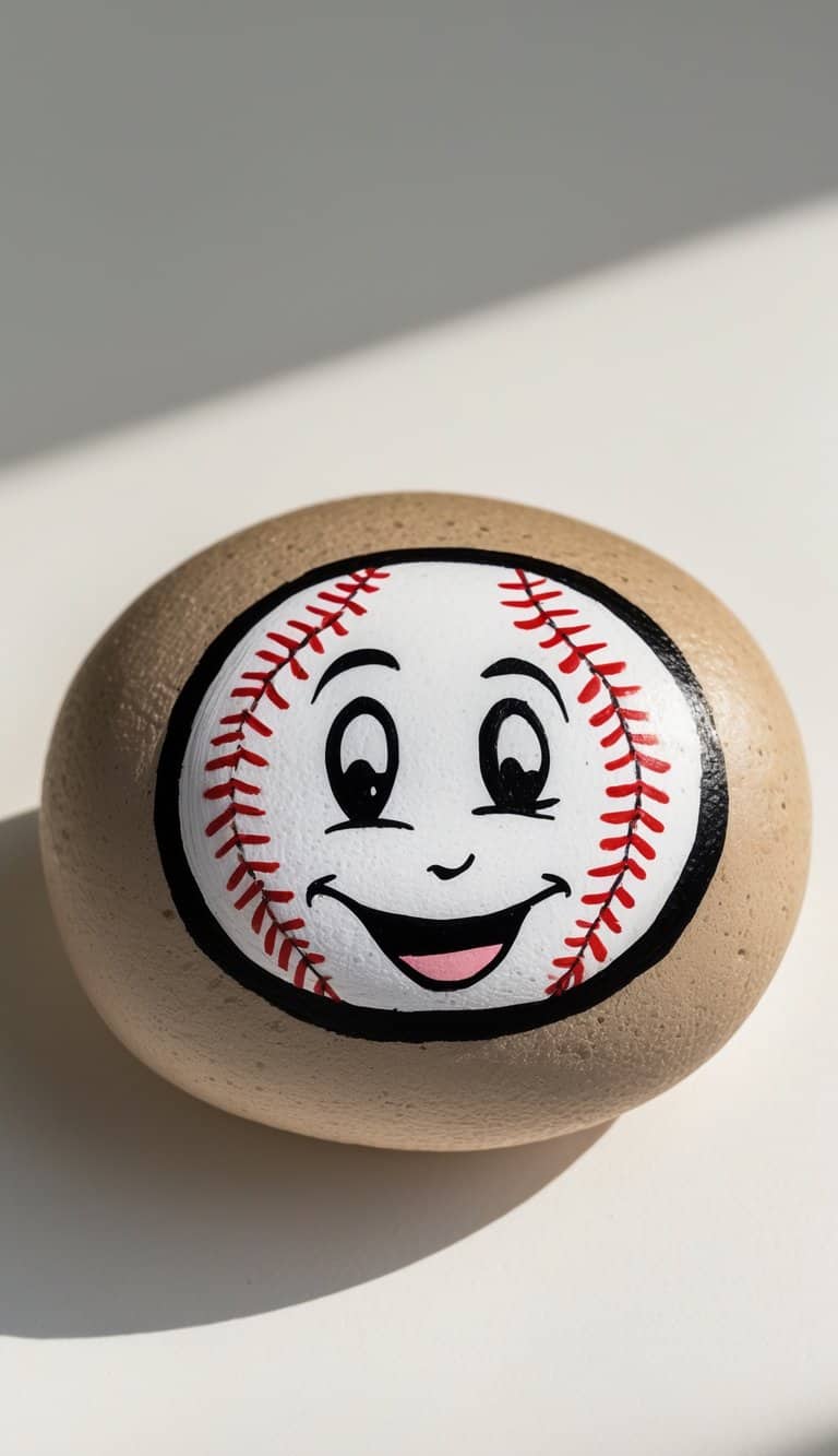 A smooth river rock painted with a cartoon baseball face on a plain neutral background.