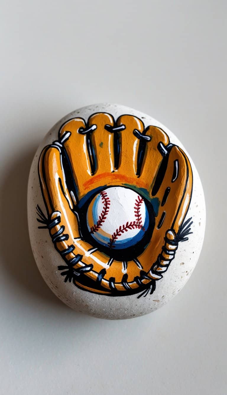 A close-up photo of a single painted rock featuring a baseball mitt catching a ball on a plain background.