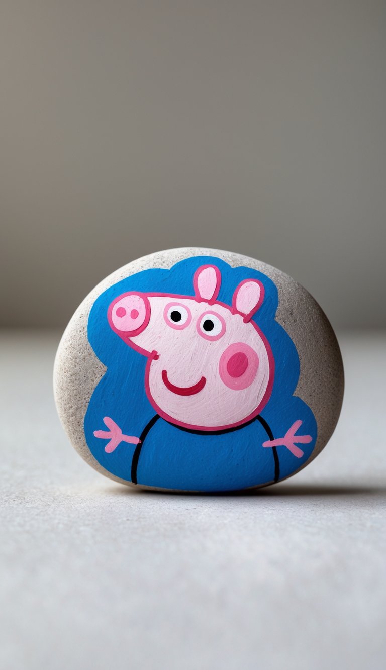 A single painted rock featuring a cartoon character from the Peppa Pig family on a plain background.