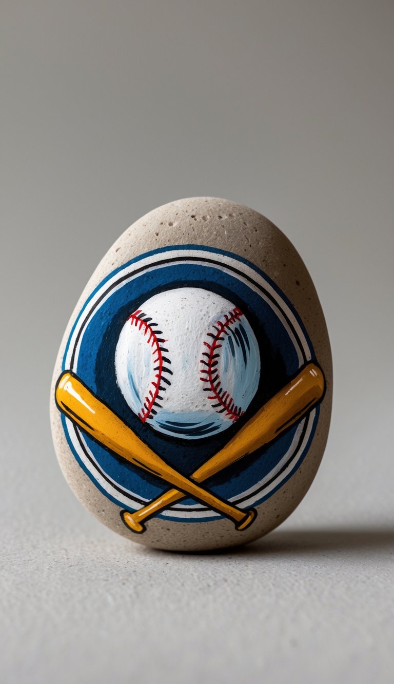 A single smooth river rock painted with a detailed baseball-themed design, photographed against a plain background.