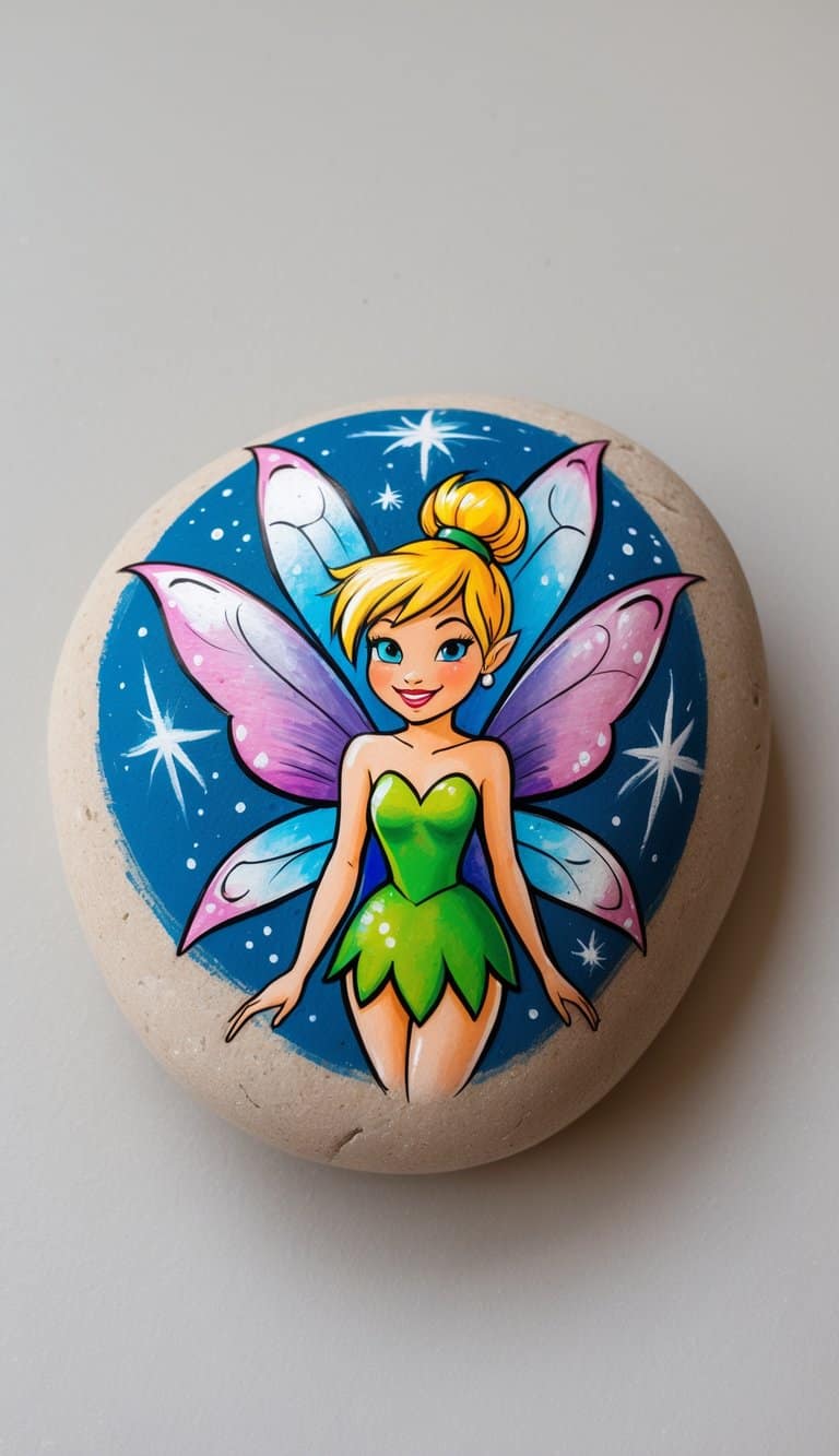 A close-up photo of a single painted rock featuring a colorful Tinker Bell design on a smooth surface against a plain background.