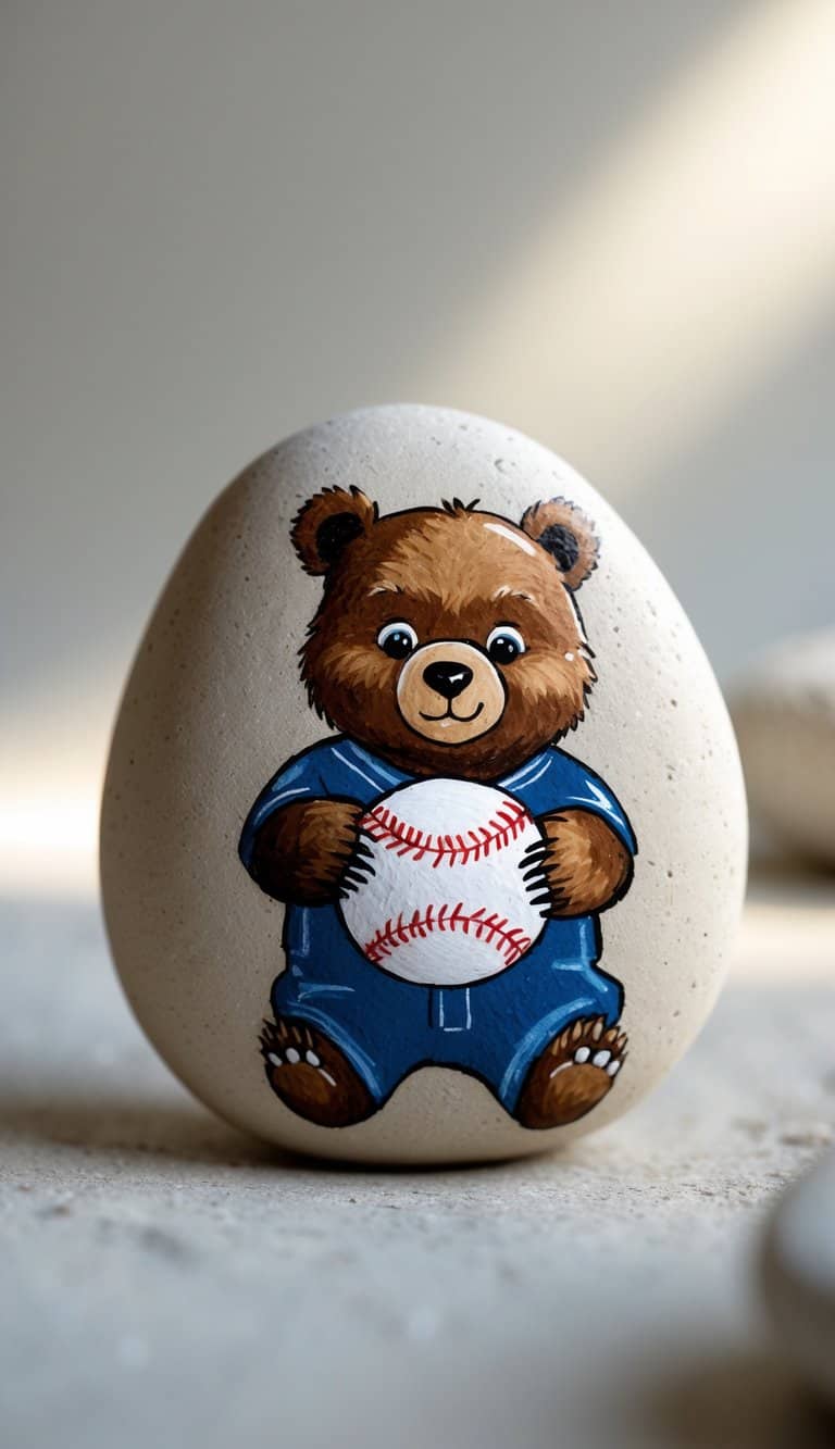 A smooth river rock painted with a baby bear holding a baseball, isolated on a neutral background.