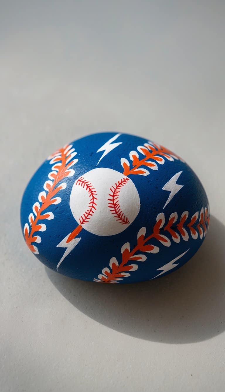 A single smooth river rock painted with a baseball and lightning bolts on a plain background.