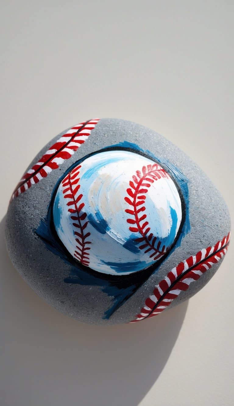 A close-up image of one painted rock featuring a baseball design on a plain background.