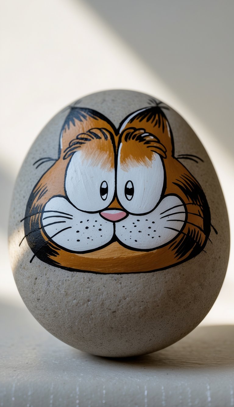 A close-up photo of a single painted rock featuring a cartoon cat face on a plain background.
