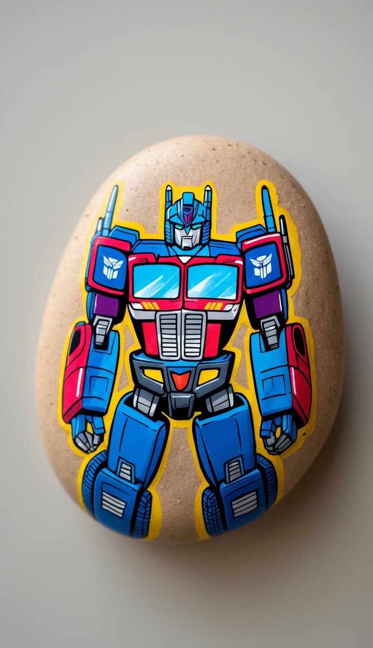 A single painted rock featuring a detailed design of Transformers Optimus Prime on a neutral background.