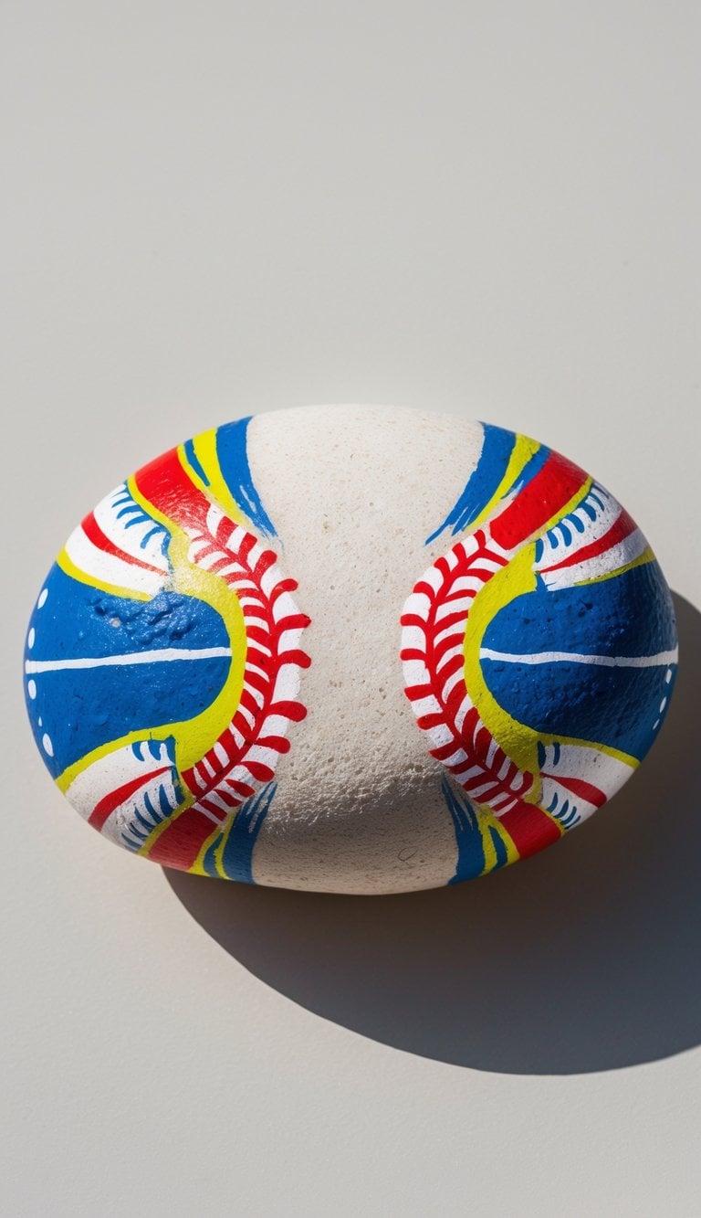 A single painted rock with colorful baseball-themed designs on a plain background.
