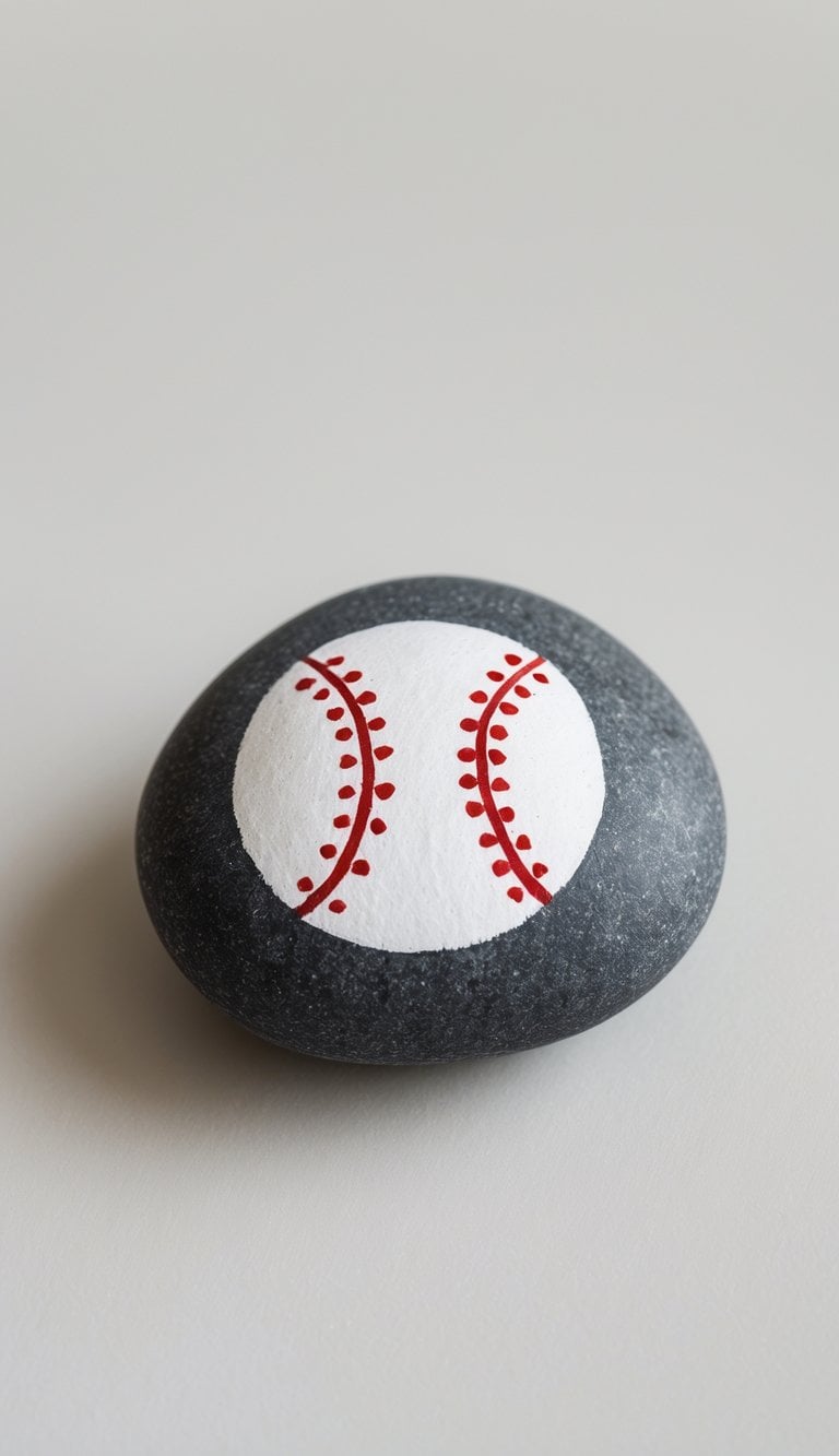 Close-up photo of a single smooth rock painted with a minimalist baseball design on a plain background.
