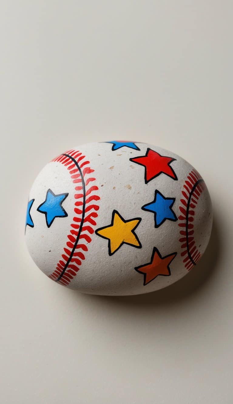 A close-up image of a single painted rock featuring a baseball design with cartoon stars on a plain background.