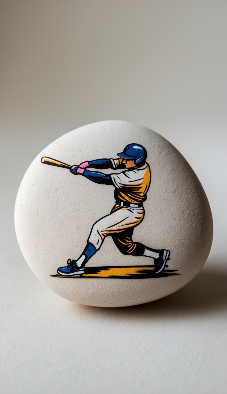 A single smooth river rock painted with a baseball player swinging a bat, isolated on a neutral background.