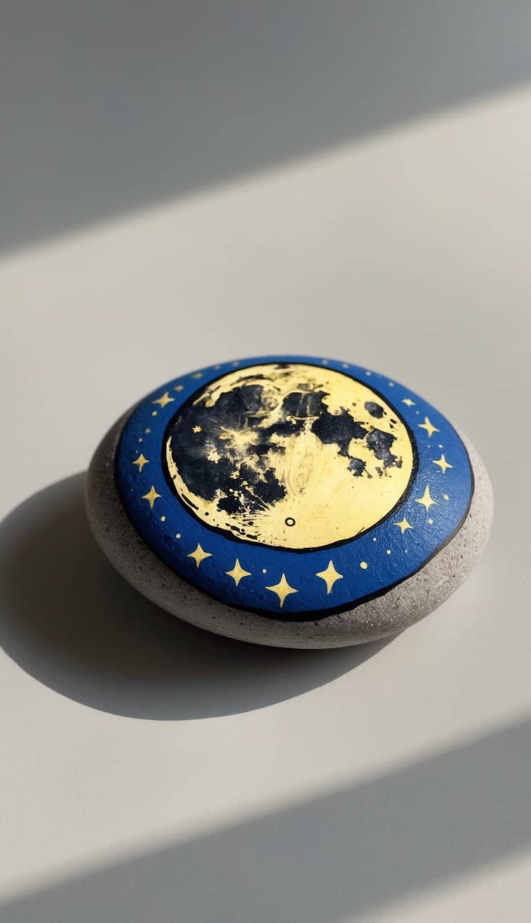 A single smooth river rock painted with a detailed moon design on a plain background.