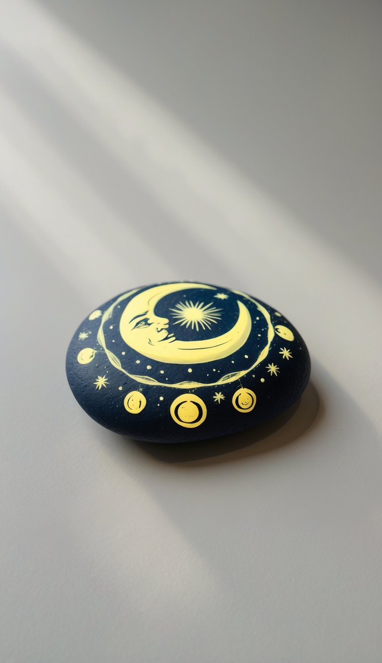 A close-up image of a single painted river rock with moon designs on a plain background.