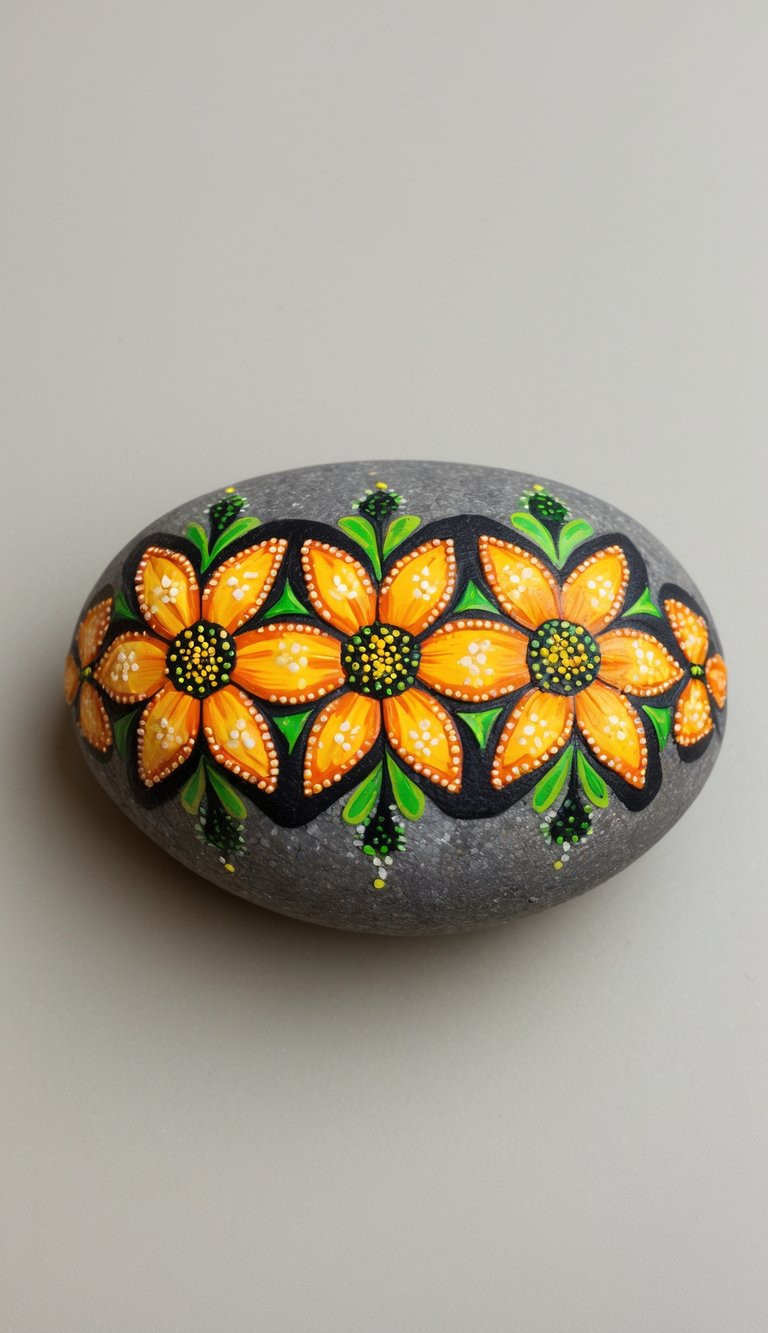 A single smooth rock painted with sunflower designs on a plain background.
