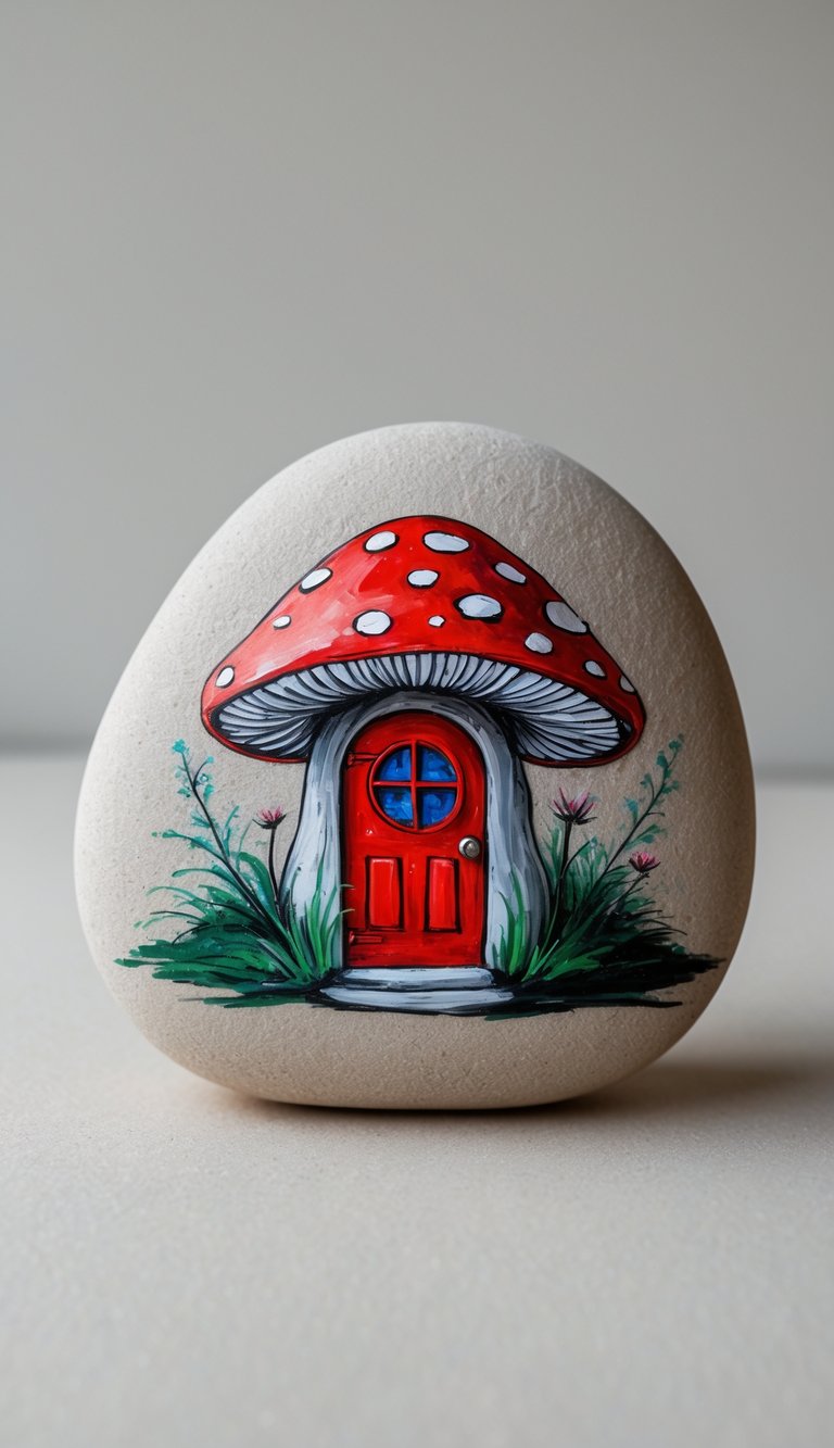 Close-up photo of a single painted rock featuring a red door design on a smooth surface with a plain background.