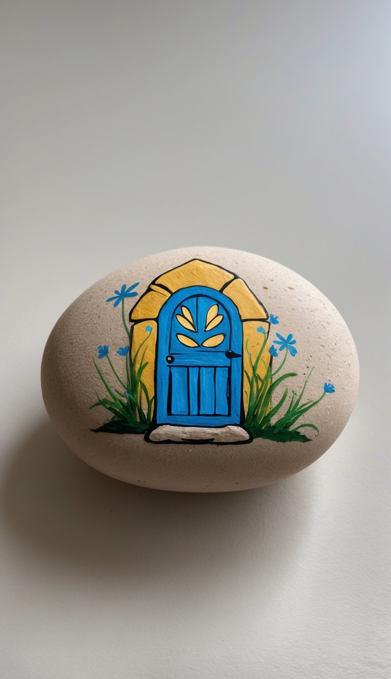 A close-up image of a single painted rock featuring a fairy door design on a plain background.