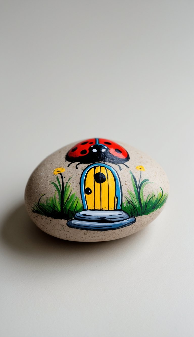 Close-up photograph of a single painted river rock featuring a ladybug and a fairy door design on a plain background.