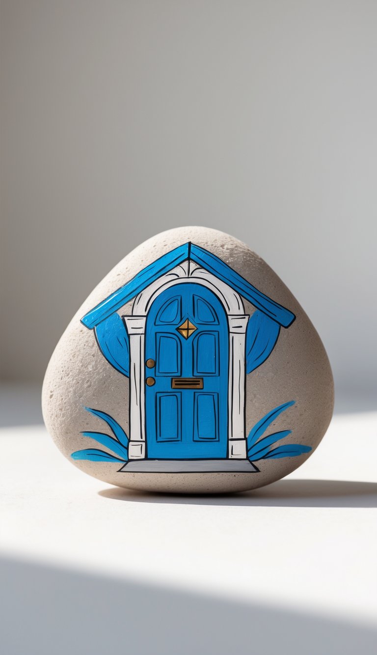 A close-up photo of a single smooth river rock painted to look like a bright blue door with white trim on a plain background.