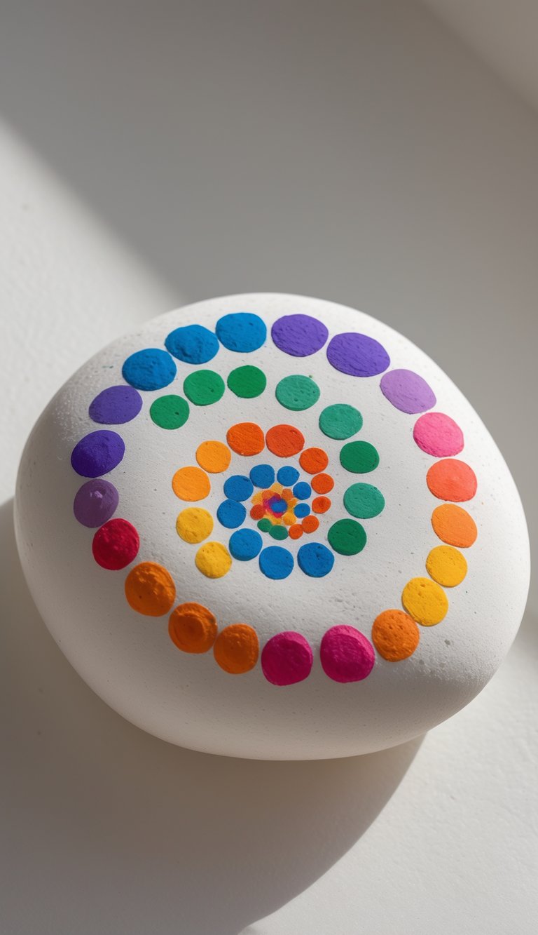 A single smooth white rock with a colorful spiral pattern of dots painted on its surface, shown against a plain background.