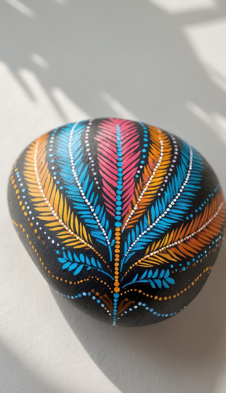 A close-up image of a single smooth river rock painted with symmetrical dot patterns forming feather shapes on a plain background.