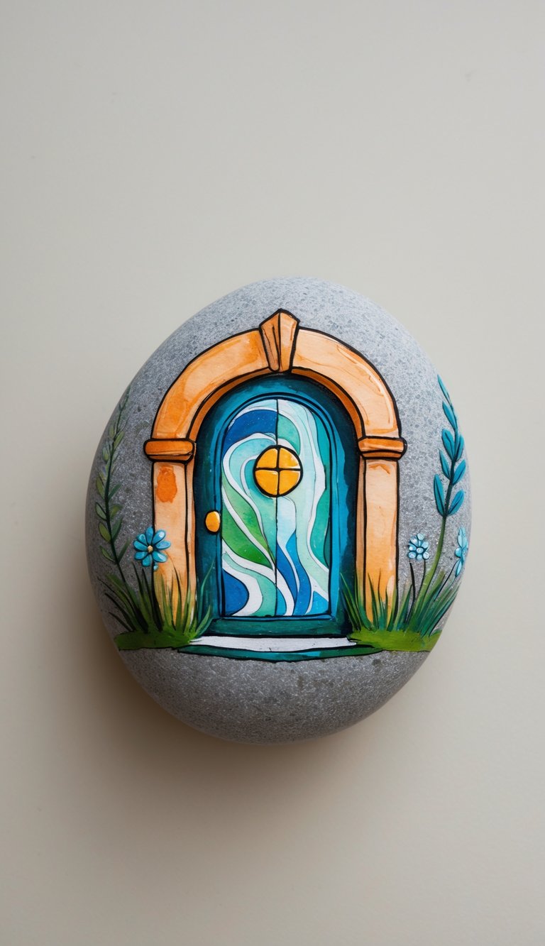 A single painted smooth river rock featuring a detailed fairy door design on a plain background.