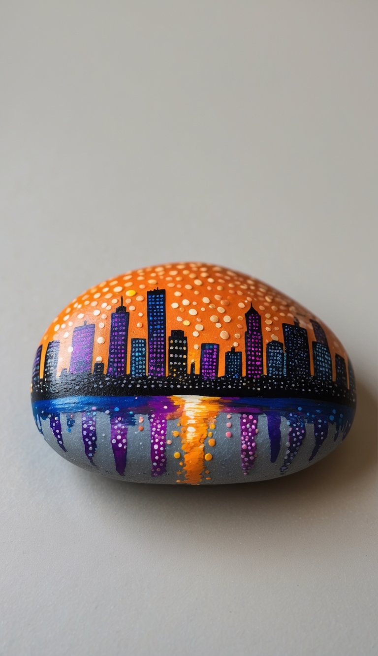 A close-up photo of a single painted rock with colorful dots forming an abstract city skyline at dusk on a plain background.