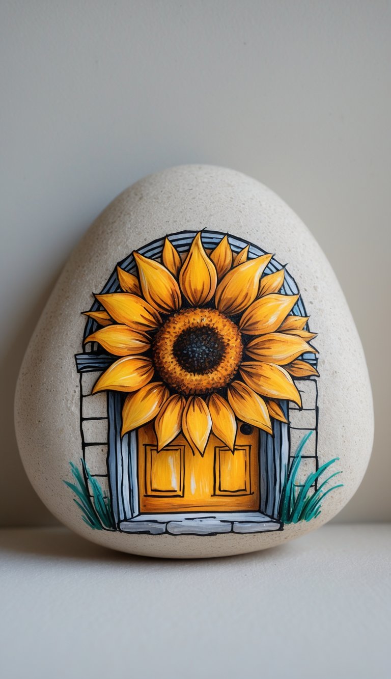 A single smooth river rock painted with a sunflower door design on a plain background.