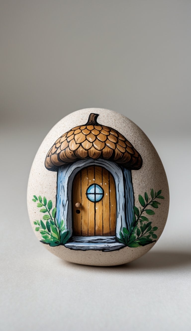 Close-up of a single painted rock designed as a small acorn cap door on a plain background.