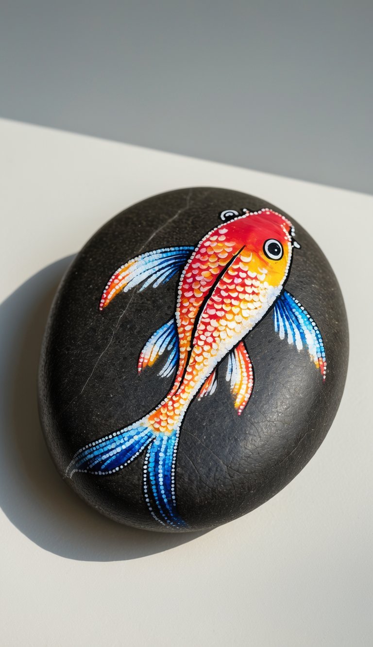 A single smooth river rock painted with a colorful koi fish design made of dots, shown against a plain background.