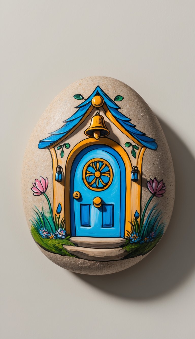 A close-up image of a single painted river rock with a fairy door design on a plain background.