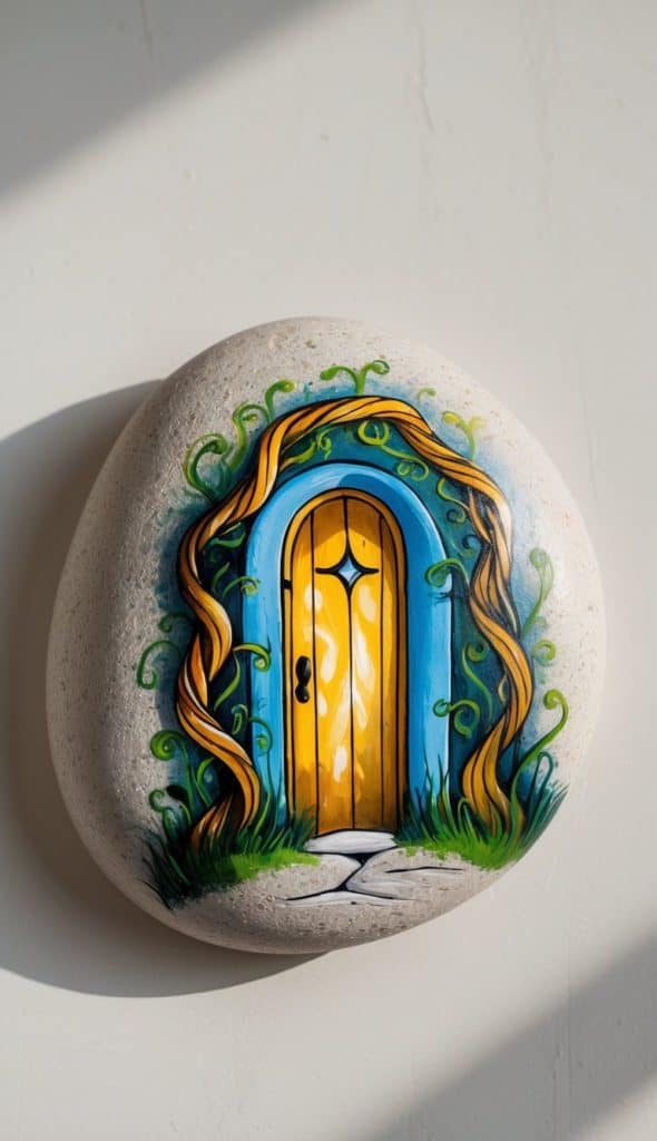 A smooth stone painted with a yellow arched door framed by blue, green vines, and a small path, resembling a whimsical entrance.