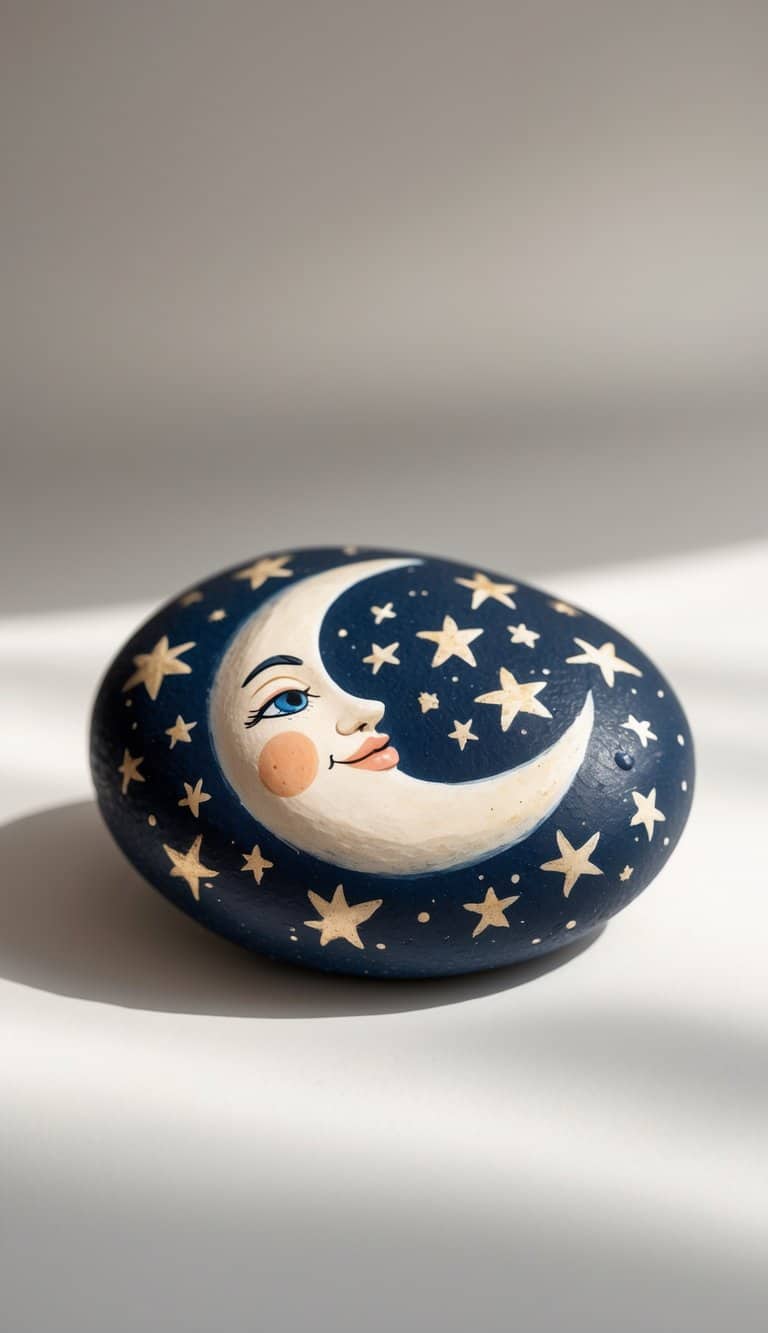 A single smooth river rock painted with a moon and stars design featuring a face, shown against a plain background.