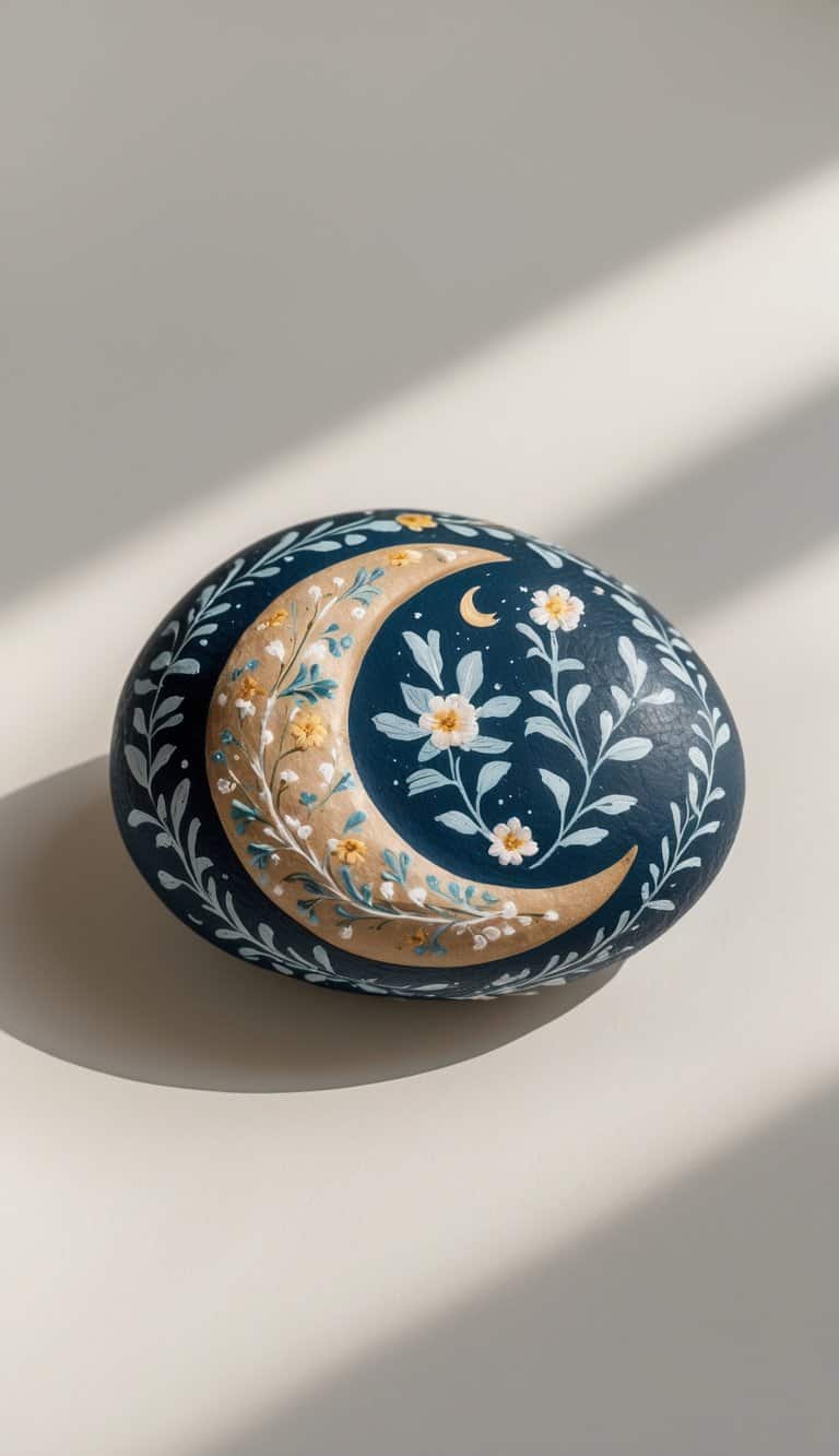 A close-up photo of a single painted rock featuring a crescent moon with floral patterns on a plain background.
