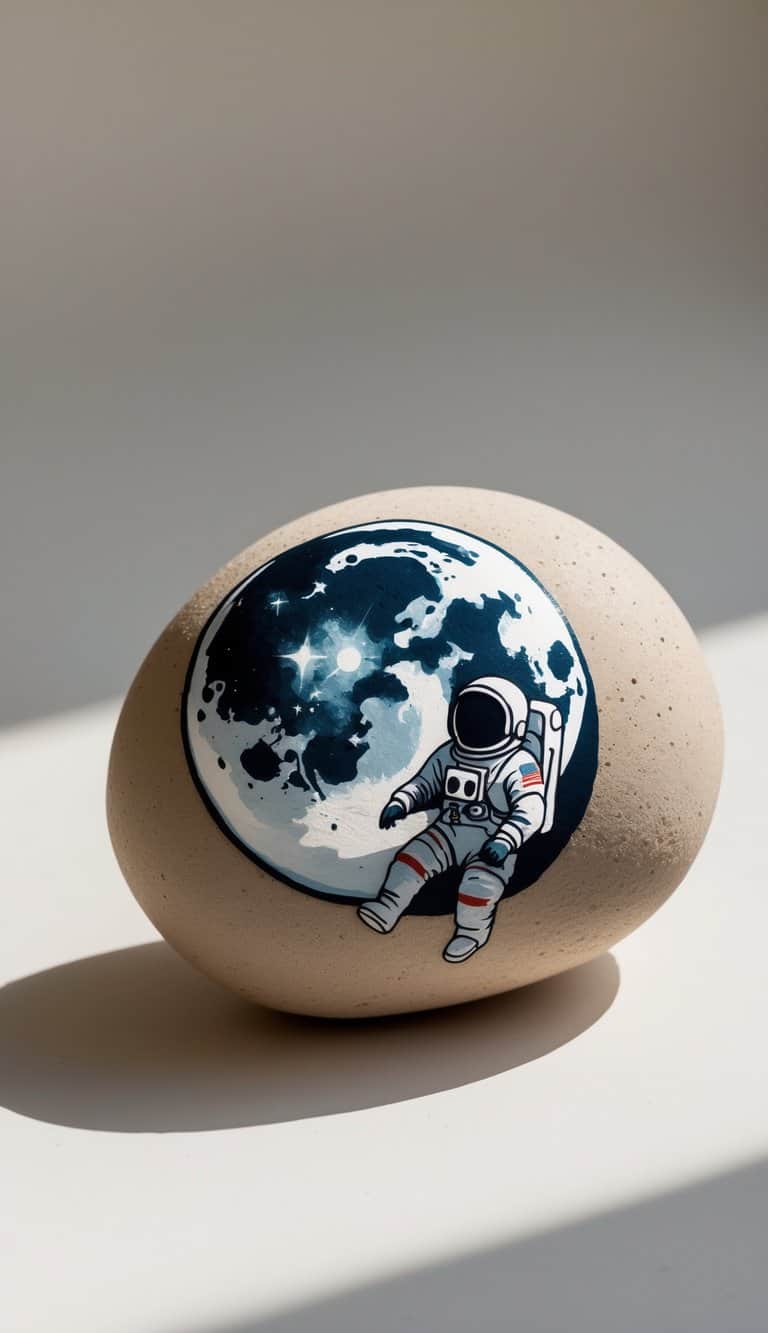 A close-up image of a single painted rock featuring a moon and an astronaut floating nearby on a plain background.