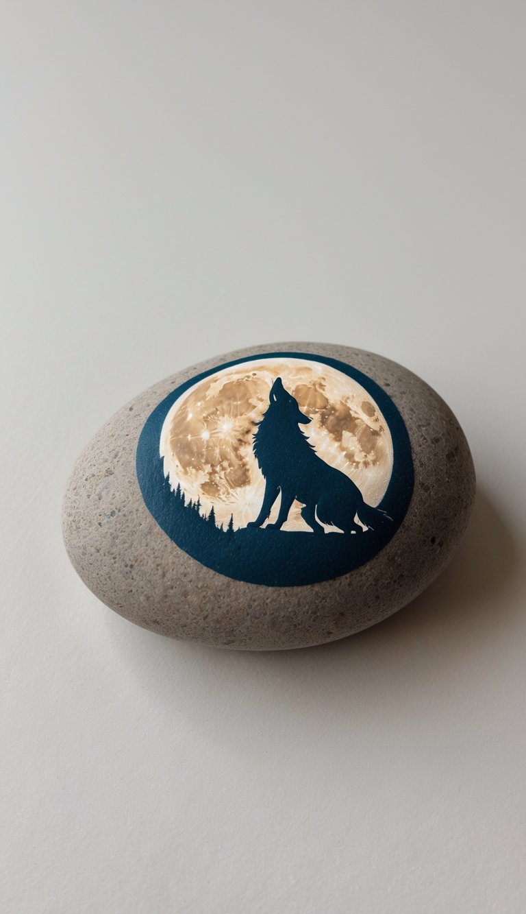 Close-up of a smooth river rock painted with a wolf howling at a crescent moon on a plain background.