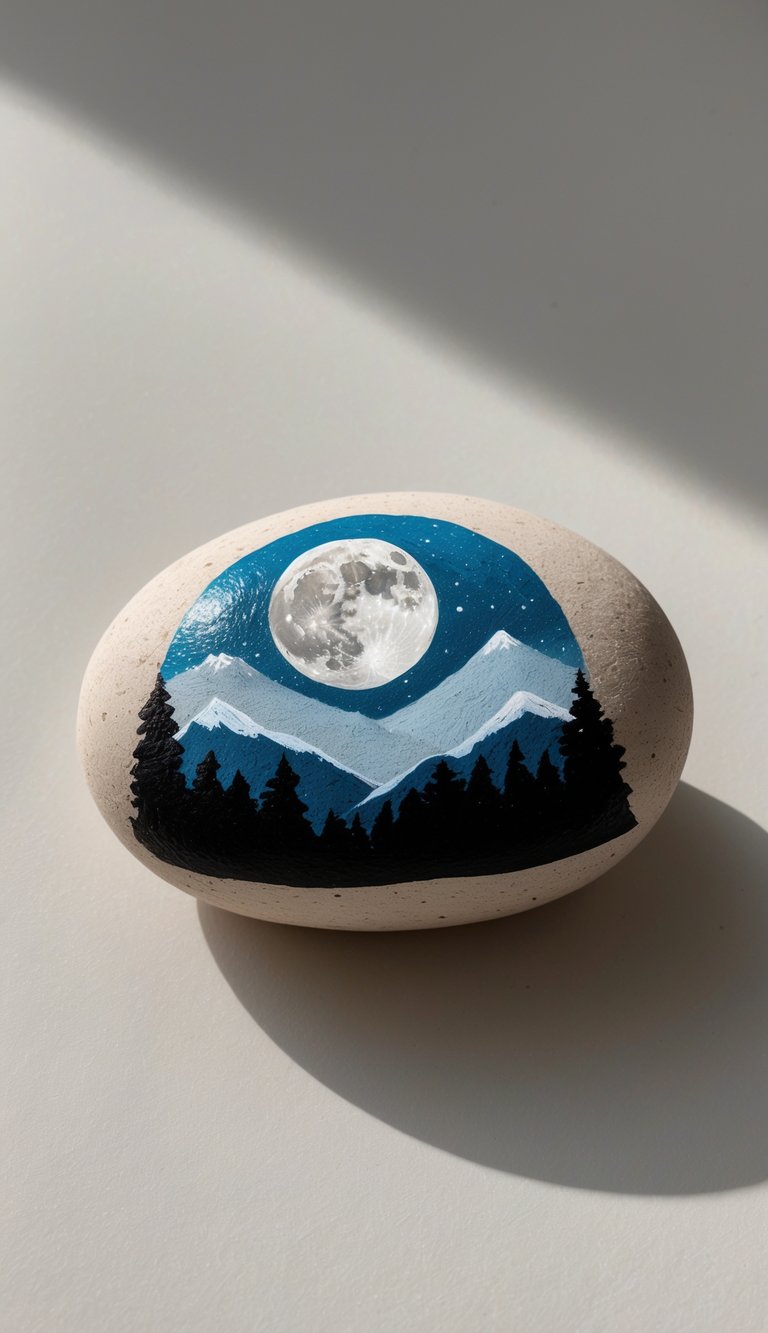 A single smooth river rock painted with a moon and mountain range design on a plain background.