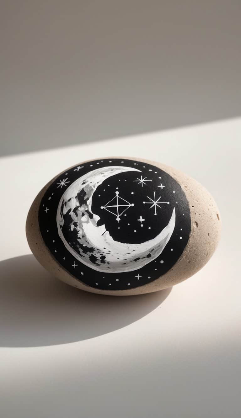 A close-up image of a single painted rock with an abstract moon and geometric shapes on a plain background.