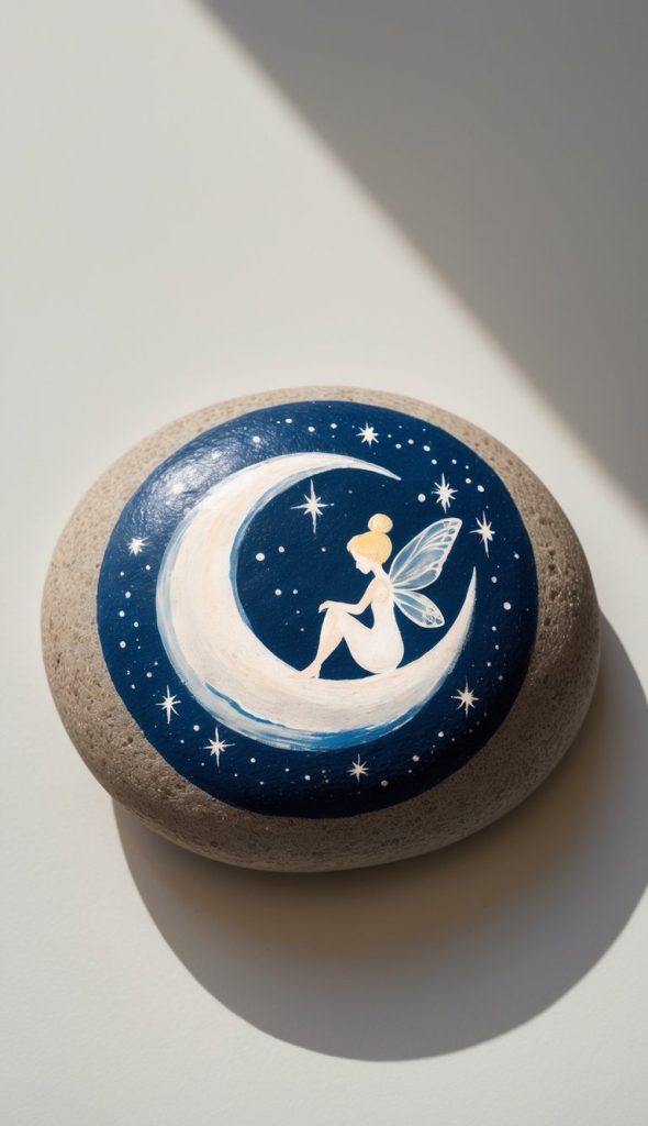 Smooth stone painted with a fairy sitting on a crescent moon against a dark blue starry sky, placed on a light surface.