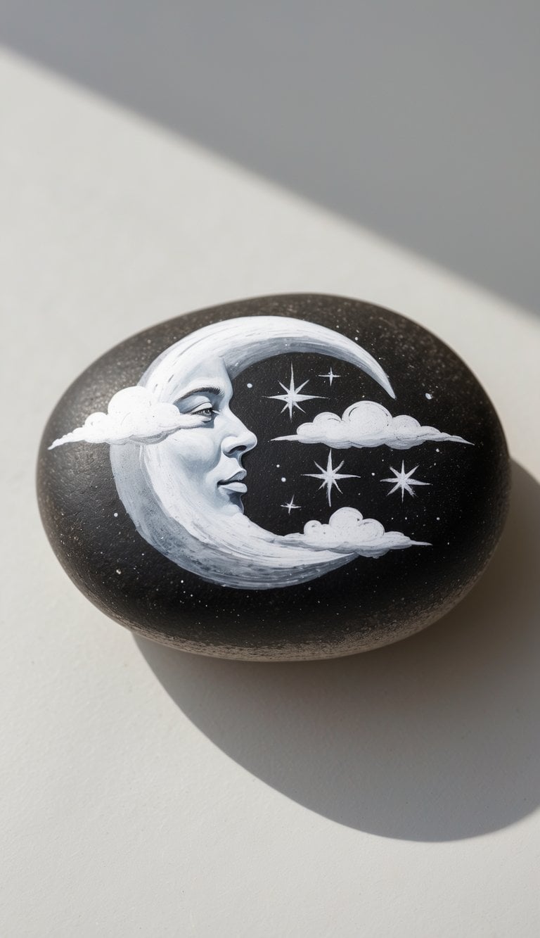 A single smooth river rock painted with a moon and clouds design on a plain background.